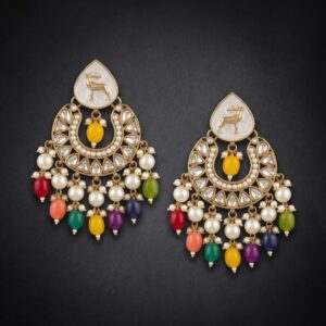 deer motif chandelier earring with beads and pearls